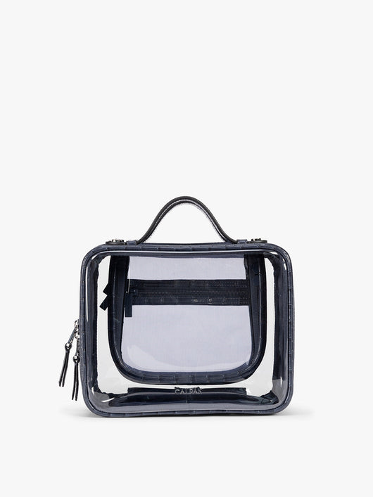 CALPAK Medium Clear Cosmetics Case that is a transparent pouch with a deep blue Navy in crocodile-embossed; CMM2201-NAVY-FAUX-CROC