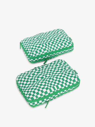 CALPAK compression packing cubes in green checkerboard; PCC2201-GREEN-CHECKERBOARD