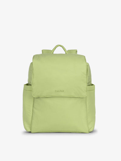 CALPAK small diaper backpack with insulated bottle pockets, convenient transport handle, and magnetic closure in lime; BPC2401-LIME, BBPC2401-LIME
