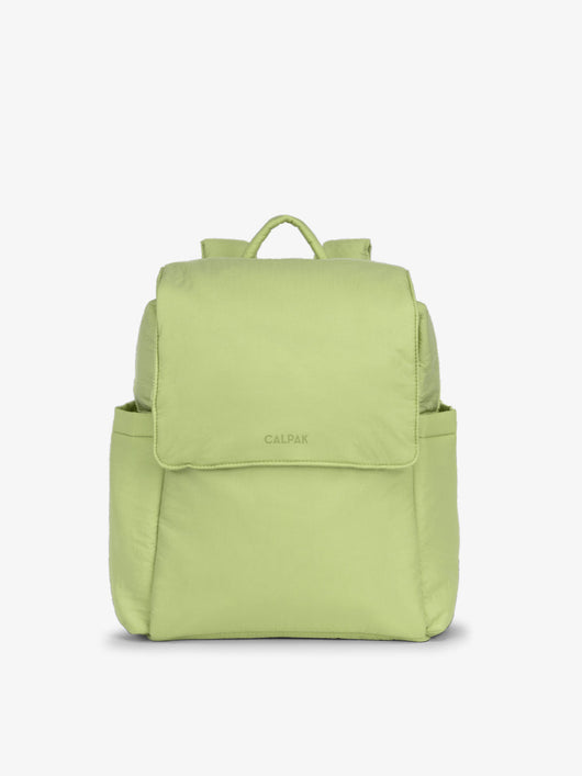 CALPAK small diaper backpack with insulated bottle pockets, convenient transport handle, and magnetic closure in lime; BPC2401-LIME, BBPC2401-LIME
