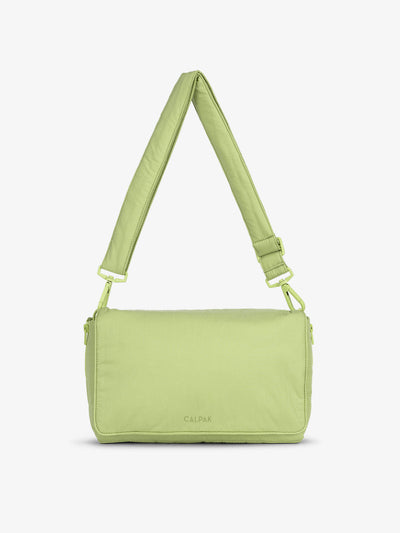 CALPAK Convertible Stroller Caddy Crossbody made with Oeko-Tex certified, recycled, and water-resistant material in lime; SCB2401-LIME