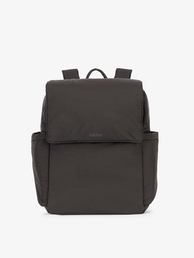 CALPAK diaper backpack with laptop sleeve featuring two insulated bottle pockets, transport handle, adjustable straps, and magnetic closure in black; BPB2401-BLACK, BBPB2401-BLACK
