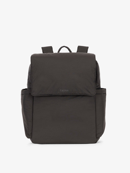 CALPAK diaper backpack with laptop sleeve featuring two insulated bottle pockets, transport handle, adjustable straps, and magnetic closure in black; BPB2401-BLACK, BBPB2401-BLACK