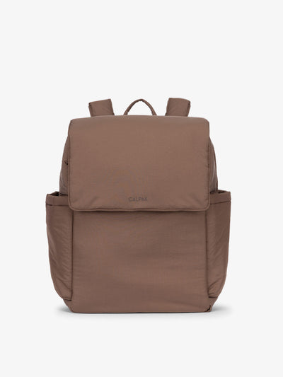 CALPAK diaper backpack with laptop sleeve featuring two insulated bottle pockets, transport handle, adjustable straps, and magnetic closure in hazelnut; BPB2401-HAZELNUT, BBPB2401-HAZELNUT
