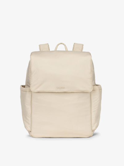 CALPAK diaper backpack with laptop sleeve featuring two insulated bottle pockets, transport handle, adjustable straps, and magnetic closure in oatmeal; BPB2401-OATMEAL, BBPB2401-OATMEAL