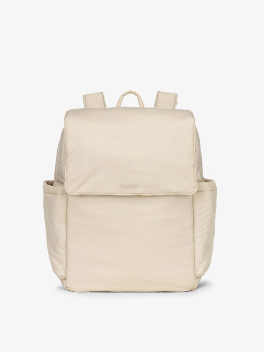 CALPAK diaper backpack with laptop sleeve featuring two insulated bottle pockets, transport handle, adjustable straps, and magnetic closure in oatmeal; BPB2401-OATMEAL, BBPB2401-OATMEAL