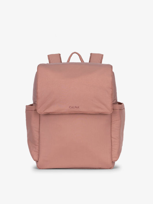 CALPAK diaper backpack with laptop sleeve featuring two insulated bottle pockets, transport handle, adjustable straps, and magnetic closure in peony; BPB2401-PEONY, BBPB2401-PEONY