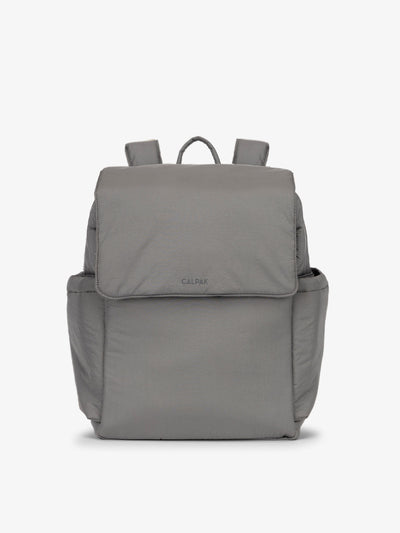 CALPAK diaper backpack with laptop sleeve featuring two insulated bottle pockets, transport handle, adjustable straps, and magnetic closure in slate; BPB2401-SLATE, BBPB2401-SLATE