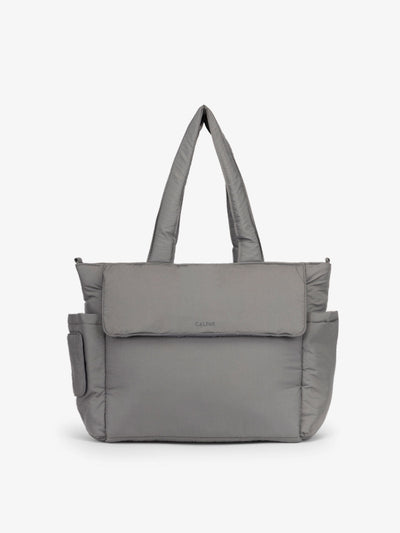CALPAK Diaper Tote Bag with Laptop Sleeve made with durable, recycled, water-resistant material and a magnetic front pocket closure in slate; TBB2401-SLATE