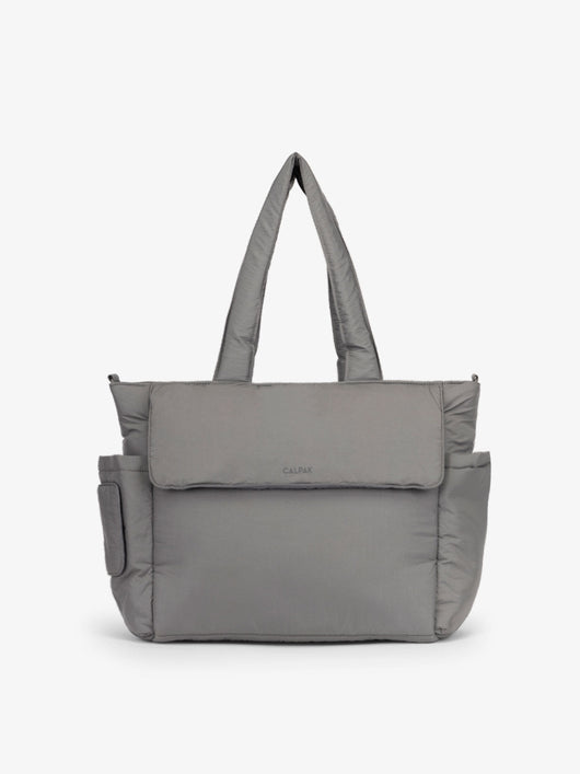 CALPAK Diaper Tote Bag with Laptop Sleeve made with durable, recycled, water-resistant material and a magnetic front pocket closure in slate; TBB2401-SLATE