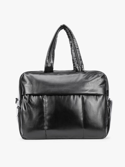 Black CALPAK Luka Large Duffel in vegan leather with dual top handles, shown against a plain white background; DLL2201-BLACK-PU