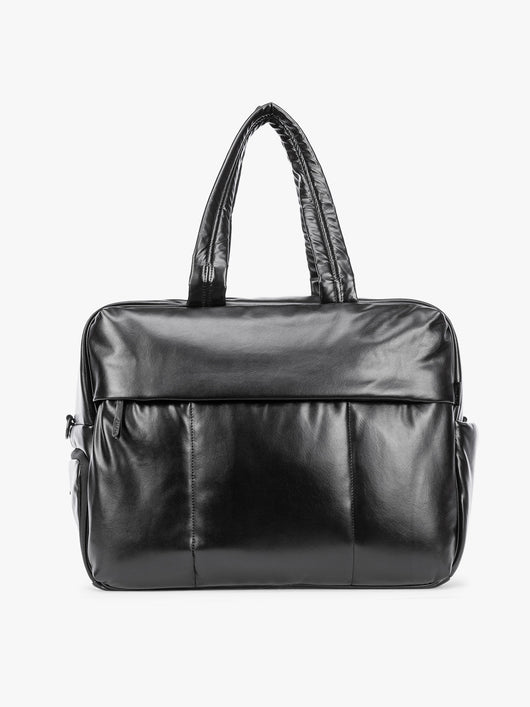Black CALPAK Luka Large Duffel in vegan leather with dual top handles, shown against a plain white background; DLL2201-BLACK-PU