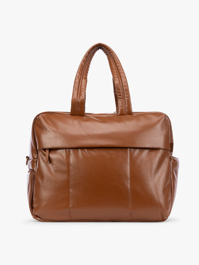 Honey Brown CALPAK Luka Large Duffel in vegan leather with dual top handles, shown against a plain white background; DLL2201-HONEY-BROWN-PU