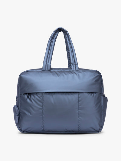 CALPAK Luka Large Duffel in dark blue metallic material in Metallic Indigo; DLL2201-METALLIC-INDIGO