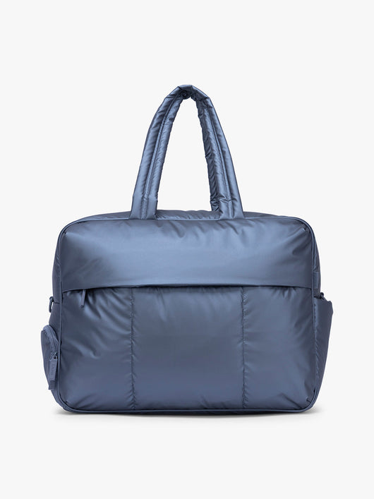 CALPAK Luka Large Duffel in dark blue metallic material in Metallic Indigo; DLL2201-METALLIC-INDIGO