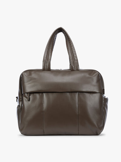 Mushroom dark brown CALPAK Luka Large Duffel in vegan leather with dual top handles, shown against a plain white background; DLL2201-MUSHROOM-PU