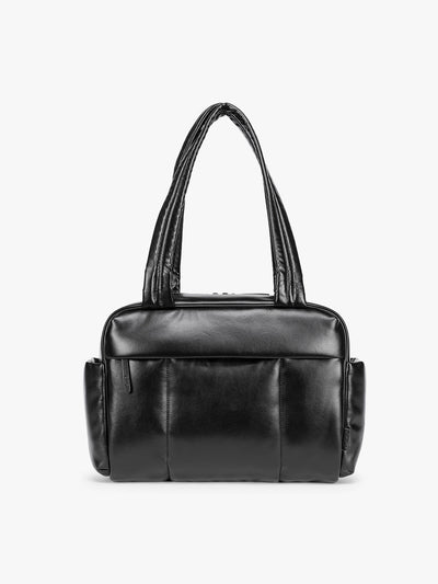 Black vegan leather CALPAK Luka Mini Duffel with dual top handles and side pockets, photographed against a clean white background; DLM2501-BLACK-PU