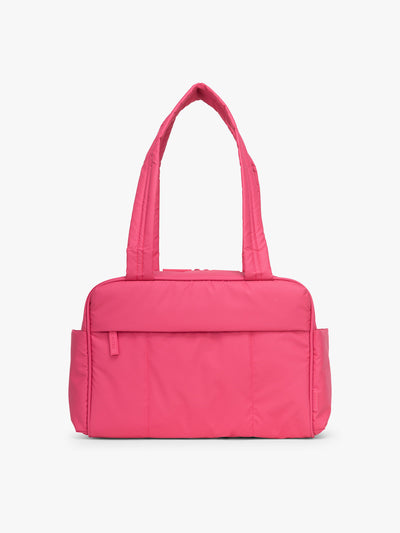 CALPAK Luka Mini Duffel in bright pink on a white background; DLM2501-DRAGONFRUIT