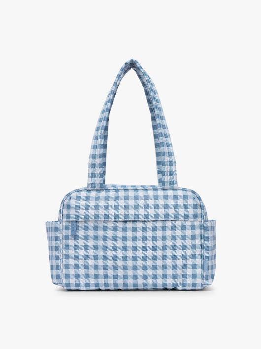 CALPAK Luka Mini Duffel in white and blue gingham print in French Blue Gingham; DLM2501-FRENCH-BLUE-GINGHAM