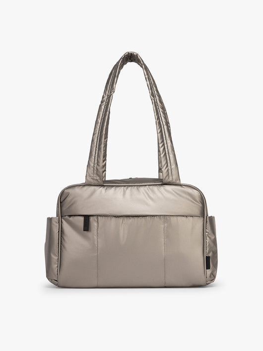 CALPAK Luka Mini Duffel in metallic grey on a white background; DLM2501-GUNMETAL