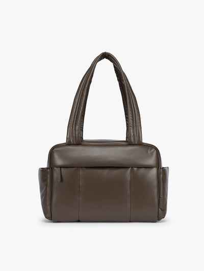 Dark brown Mushroom vegan leather CALPAK Luka Mini Duffel with dual top handles and side pockets, photographed against a clean white background; DLM2501-MUSHROOM-PU