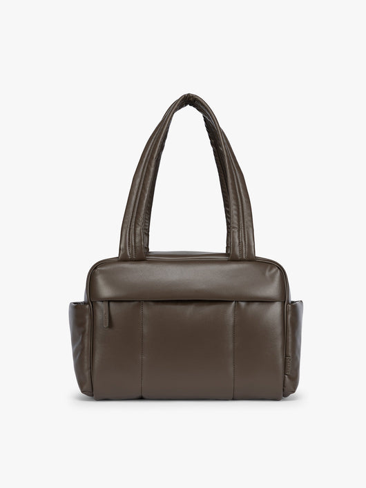 Dark brown Mushroom vegan leather CALPAK Luka Mini Duffel with dual top handles and side pockets, photographed against a clean white background; DLM2501-MUSHROOM-PU