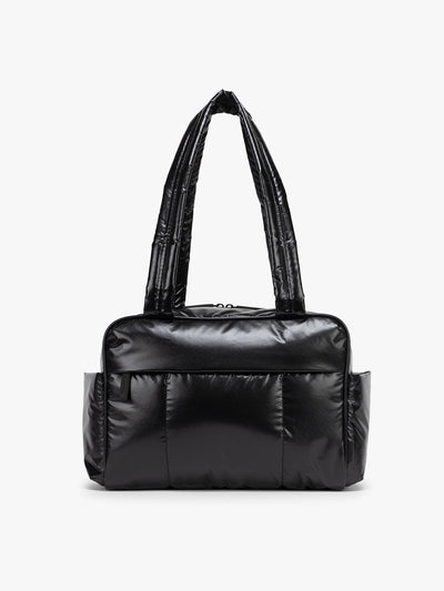CALPAK Luka Mini Duffel in shiny Glazed Black on a white background; DLM2501-GLAZED-BLACK