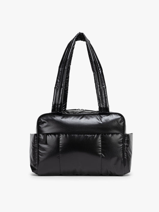 CALPAK Luka Mini Duffel in shiny Glazed Black on a white background; DLM2501-GLAZED-BLACK