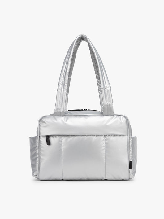 CALPAK Luka Mini Duffel in shiny Silver on a white background; DLM2501-SILVER