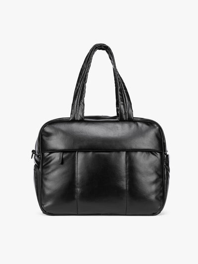 A Black CALPAK Luka Duffel in vegan leather with dual top handles and a front zippered pocket, photographed against a clean white background; DSM1901-BLACK-PU