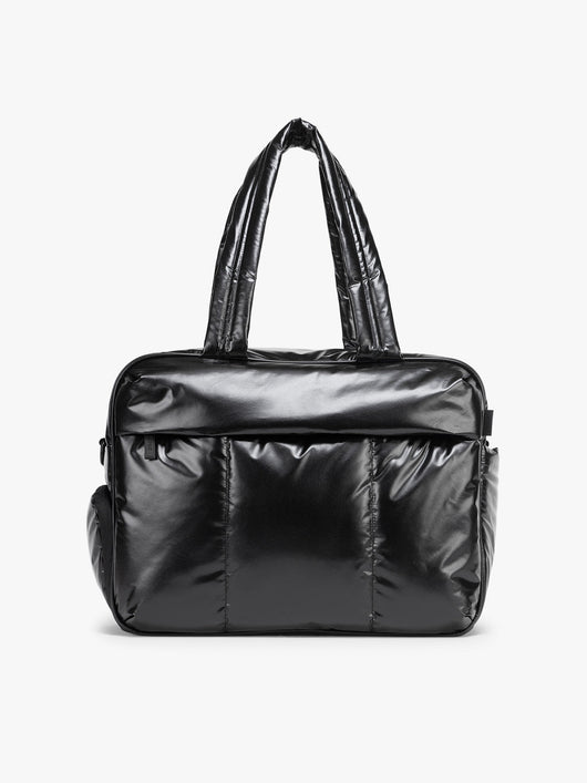 CALPAK Luka Duffel in shiny black on a white background; DSM1901-GLAZED-BLACK
