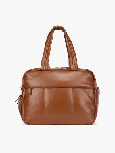 Honey Brown CALPAK Luka Duffel in vegan leather with dual top handles and a front zippered pocket, photographed against a clean white background; DSM1901-HONEY-BROWN-PU