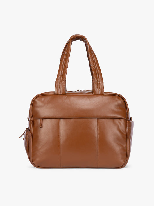 Honey Brown CALPAK Luka Duffel in vegan leather with dual top handles and a front zippered pocket, photographed against a clean white background; DSM1901-HONEY-BROWN-PU