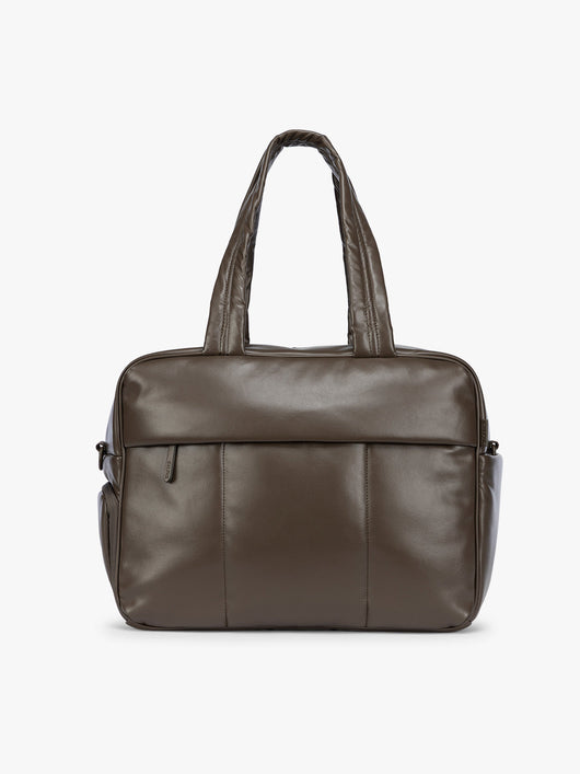 A dark brown Mushroom CALPAK Luka Duffel in vegan leather with dual top handles and a front zippered pocket, photographed against a clean white background; DSM1901-MUSHROOM-PU