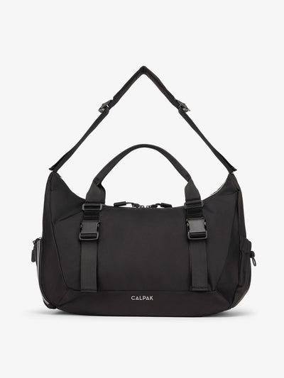 Front view of CALPAK Fit gym duffel bag made with recycled, water resistant material in black; TBF2401-BLACK, TBF2401-BLACK-GRIN, BTBF2401-BLACK
