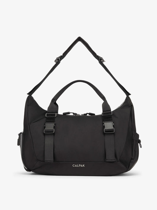 Front view of CALPAK Fit gym duffel bag made with recycled, water resistant material in black; TBF2401-BLACK, TBF2401-BLACK-GRIN, BTBF2401-BLACK