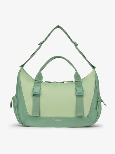 Front view of CALPAK Fit gym duffel bag made with recycled, water resistant material in sage; TBF2401-SAGE, TBF2401-SAGE-GRIN, BTBF2401-SAGE