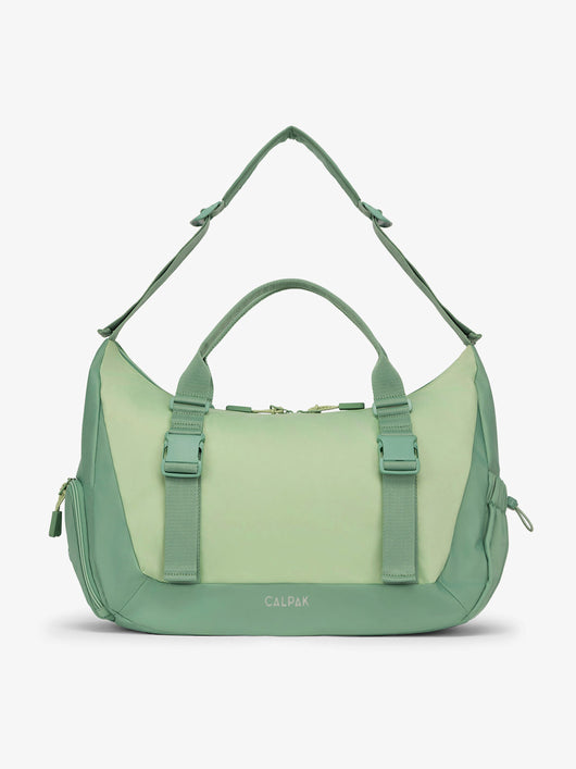 Front view of CALPAK Fit gym duffel bag made with recycled, water resistant material in sage; TBF2401-SAGE, TBF2401-SAGE-GRIN, BTBF2401-SAGE