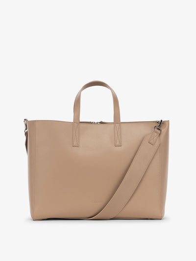 CALPAK Haven laptop tote bag with crossbody strap in taupe; ATO2102-TAUPE
