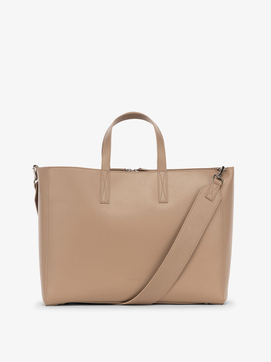 CALPAK Haven laptop tote bag with crossbody strap in taupe; ATO2102-TAUPE