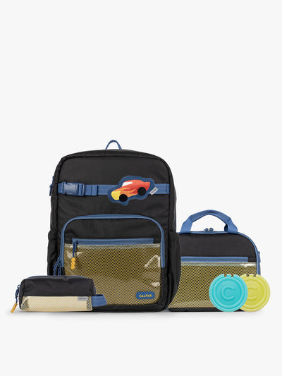 CALPAK Kids Collection Large Kids Backpack Bundle in Black that includes Kids Lunch Bag, Kids Pencil Case, red Car Pluffy Bag Charm, and Set of 2 Ice Packs; BCKL5000-BLACK