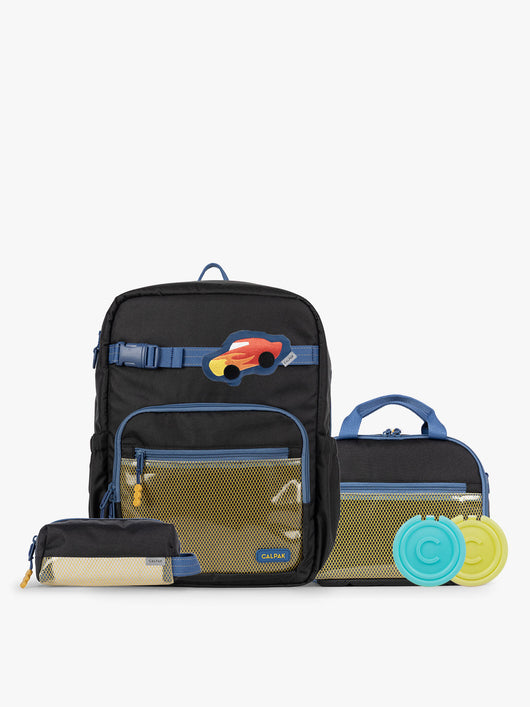 CALPAK Kids Collection Large Kids Backpack Bundle in Black that includes Kids Lunch Bag, Kids Pencil Case, red Car Pluffy Bag Charm, and Set of 2 Ice Packs; BCKL5000-BLACK