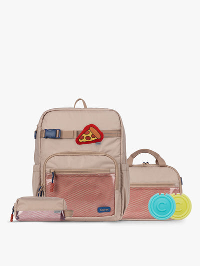CALPAK Kids Collection Large Kids Backpack Bundle in brown/tan Khaki that includes Kids Lunch Bag, Kids Pencil Case, red and yellow PIzza Pluffy Bag Charm, and Set of 2 Ice Packs; BCKL5000-KHAKI