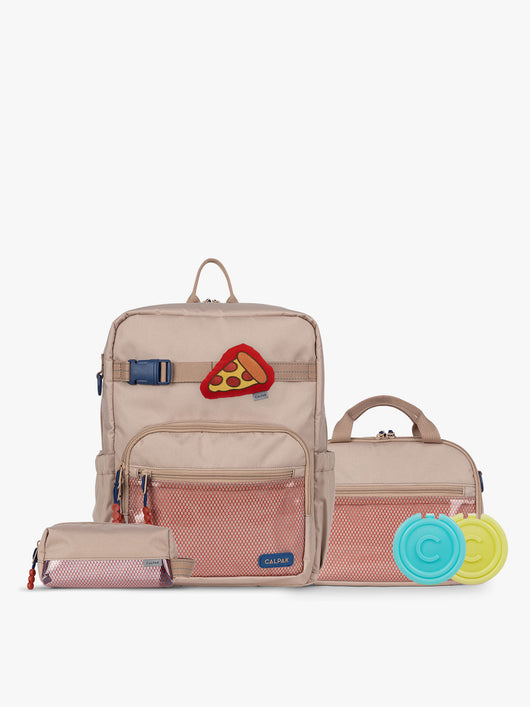 CALPAK Kids Collection Medium Kids Backpack Bundle in brown/tan Khaki that includes Kids Lunch Bag, Kids Pencil Case, red and yellow PIzza Pluffy Bag Charm, and Set of 2 Ice Packs; BCKM5000-KHAKI