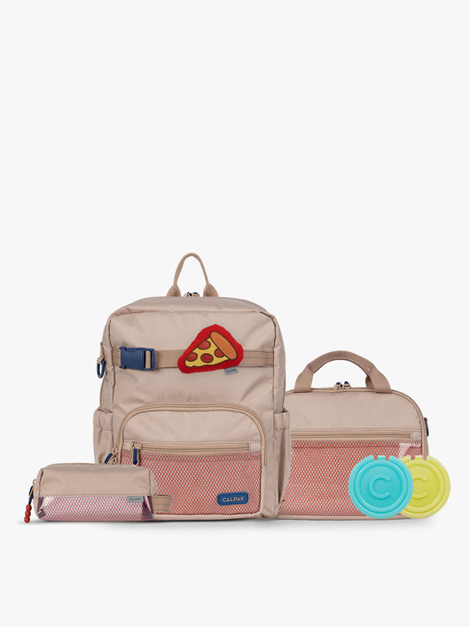 CALPAK Kids Collection Small Kids Backpack Bundle in brown/tan Khaki that includes Kids Lunch Bag, Kids Pencil Case, red and yellow PIzza Pluffy Bag Charm, and Set of 2 Ice Packs; BCKS5000-KHAKI