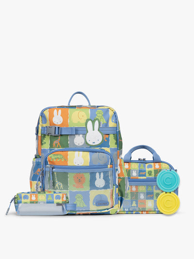 Colorful CALPAK + Miffy Kids Essentials Set with children's Large backpack, lunch bag , pencil case set on a white background with blue accents and Miffy with other animals; BCKL5000-MIFFY-BLUE-ZOO-TRIP