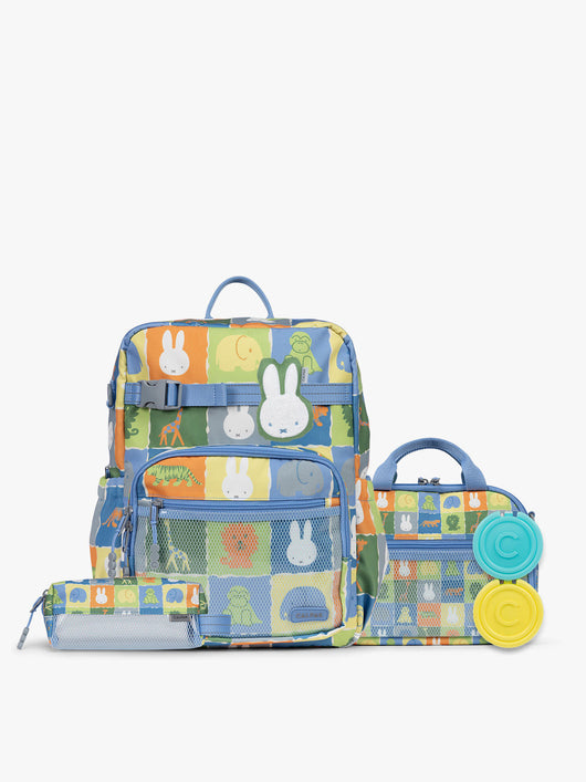 Colorful CALPAK + Miffy Kids Essentials Set with children's Large backpack, lunch bag , pencil case set on a white background with blue accents and Miffy with other animals; BCKL5000-MIFFY-BLUE-ZOO-TRIP
