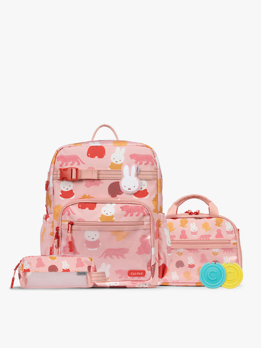Colorful CALPAK + Miffy Kids Essentials Set with children's Large backpack, lunch bag , pencil case set on a white background with pink accents and Miffy with other animals; BCKL5000-MIFFY-PINK-ZOO-TRIP