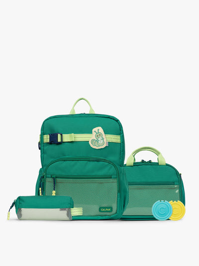 Green CALPAK Kids Small Essentials Bundle that includes backpack and lunch bag, and pencil case light gray background; BCKM5000-GREEN