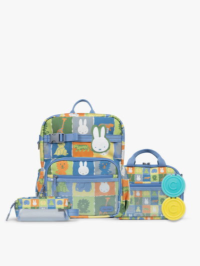 Colorful CALPAK + Miffy Kids Essentials Set with children's Medium backpack, lunch bag , pencil case set on a white background with blue accents and Miffy with other animals; BCKM5000-MIFFY-BLUE-ZOO-TRIP